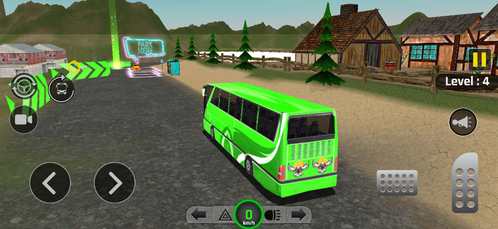Bus Simulator Driver Games 3D - A green bus driving toward a parking zone in a rural environment within the Bus Simulator Driver Games 3D mobile app