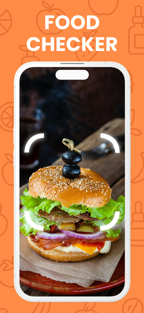 Food Checker Cosmetic Scanner - iPhone screen showing the Food Checker app scanning a hamburger