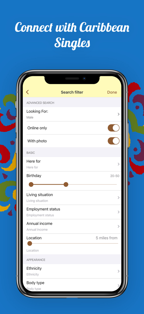 Caribbean Singles Meet: Dating - Advanced search filter screen showing criteria for matching with Caribbean singles based on ethnicity and location