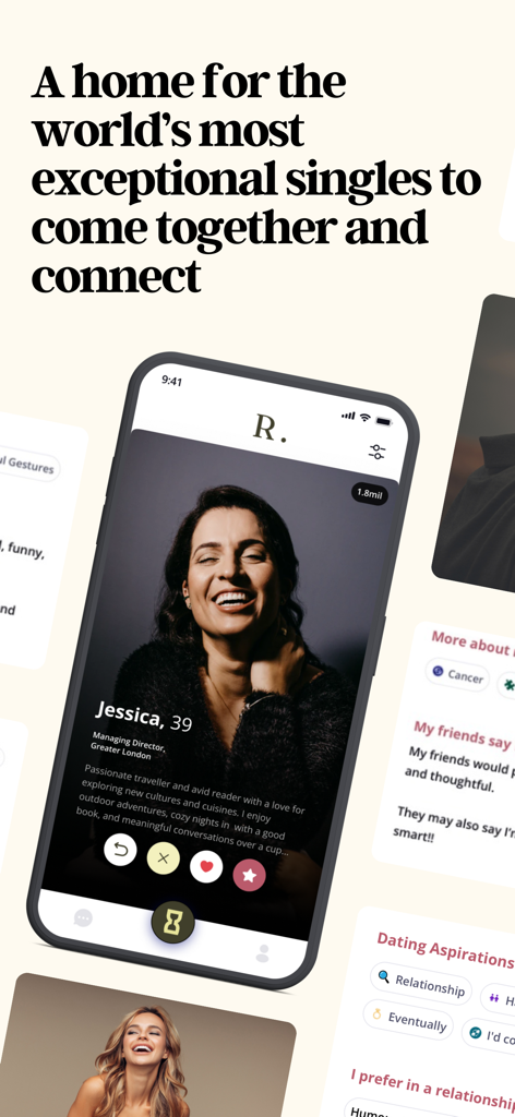 Reddi: The Matchmaking App - Interfaz de la app de citas Reddi mostrando el perfil de una mujer profesional exitosa y un titular sobre conectar solteros excepcionales