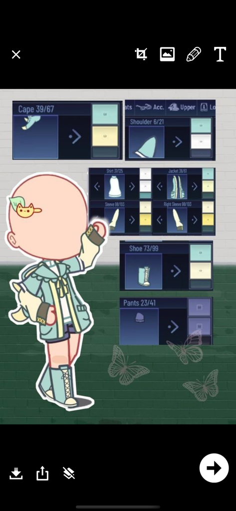 Make gacha life character girl - Interface of a Gacha character creator app showing clothing customization menus for outfits and accessories