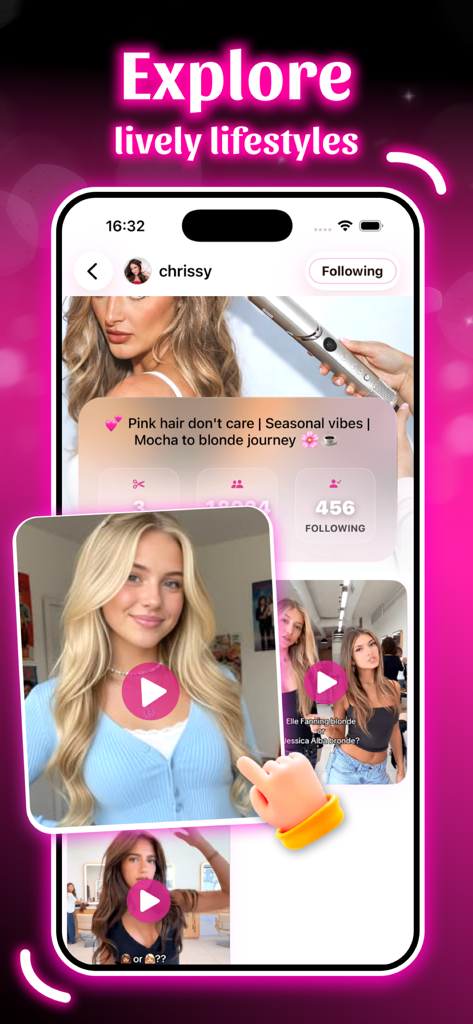 Yulii - Video & Hair - Yulii app interface exploring hair transformation videos and stylist profiles