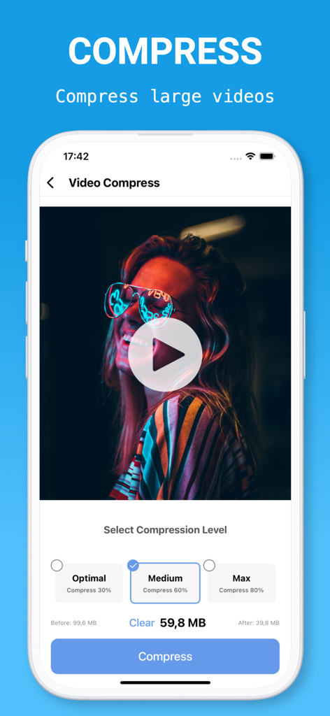 AI Cleaner—Clean Phone Storage - Interface showing video compression settings in AI Cleaner app to free up phone storage