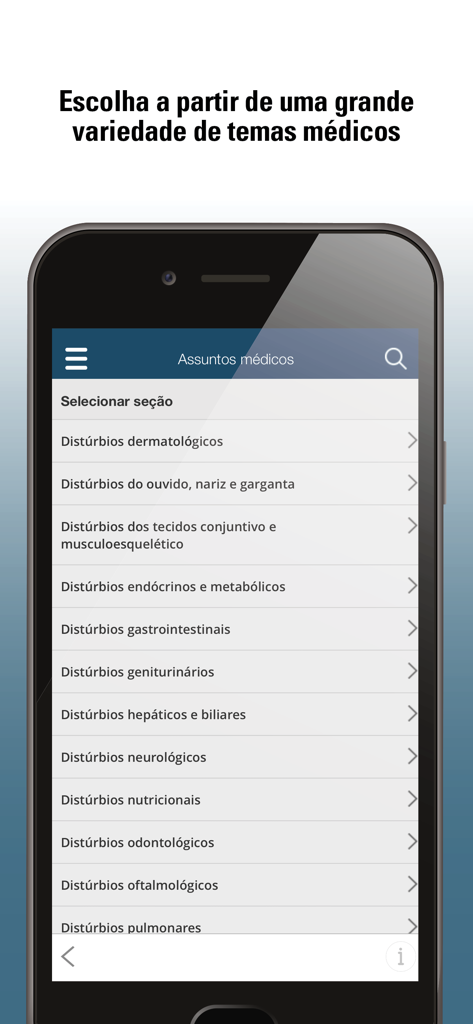 Pantalla de un smartphone mostrando una lista de temas médicos en español dentro de la aplicación Manual MSD para Profesionales.