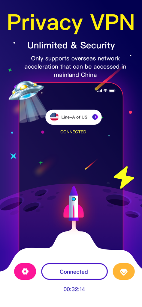 PlanBooster-VPN app interface showing a connected status to a US server with a space-themed illustration.