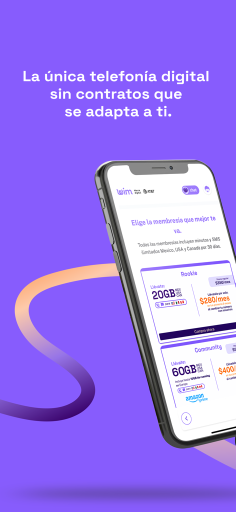 Somos Wim mobile app displaying digital phone plans for Mexico USA and Canada