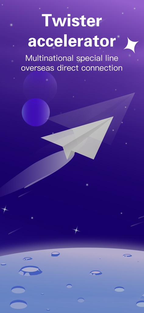 Twister加速器-VPN网络加速 - Twister Accelerator app interface showing overseas direct connection feature with a space theme