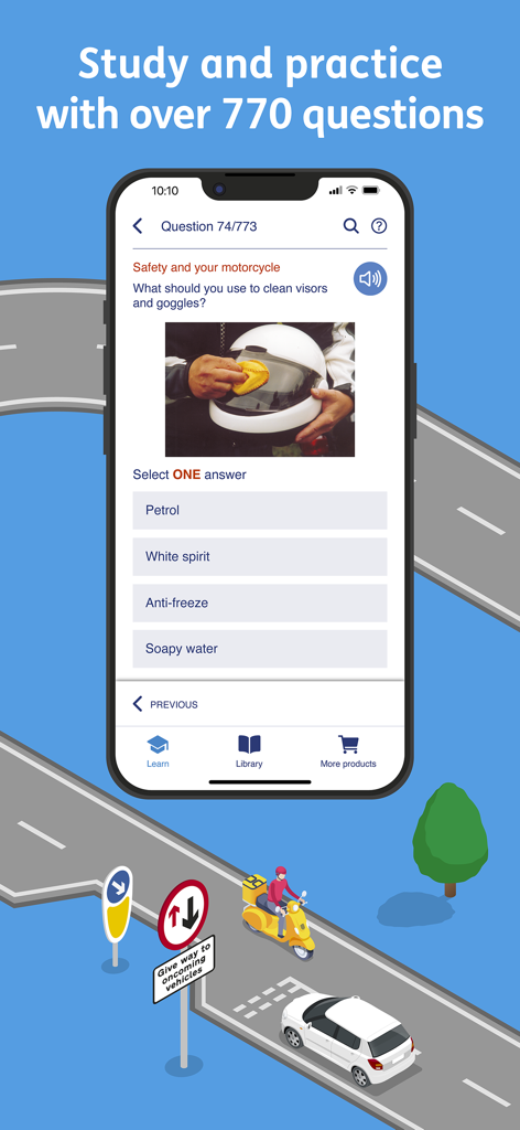 A smartphone showing a motorcycle theory test practice question about cleaning visors on the Official DVSA Theory Test Kit app.