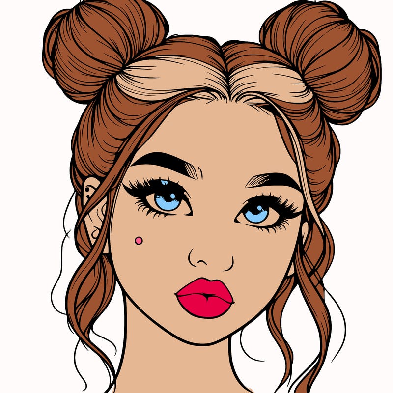 realistic girl with two buns on her hair and lips