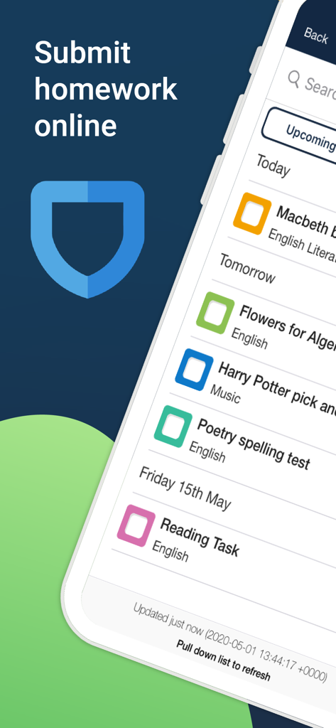 Una vista de estudiante en la aplicación Satchel One que muestra una lista de tareas pendientes y la opción de enviar el trabajo en línea