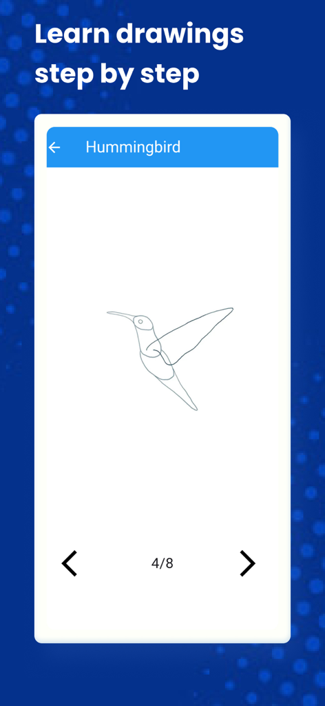 How to Draw Animals by Steps - Un tutorial de dibujo paso a paso para el contorno de un colibrí en la interfaz de la aplicación