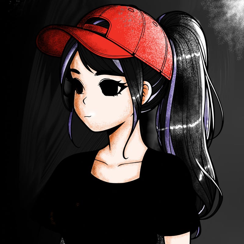realistic looking girl with her hair in a really long ponytail and a base ball cap, t-shirt