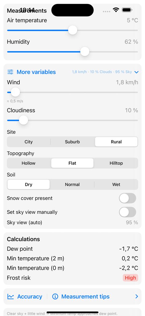 NightFrost app screenshot showing weather data input sliders and frost risk calculation results.