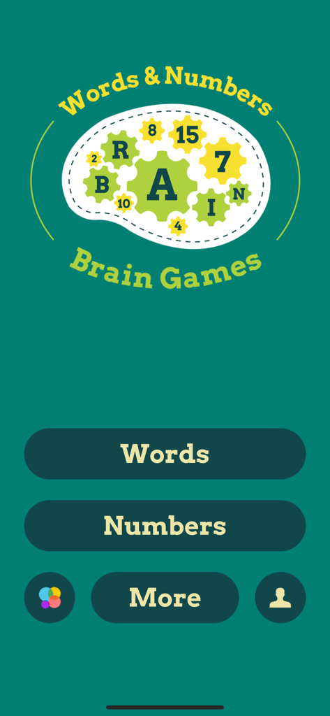 Brain Games : Words & Numbers - Pantalla de inicio de la aplicación Brain Games Words and Numbers que muestra botones de selección para los modos de juego de Palabras y Números