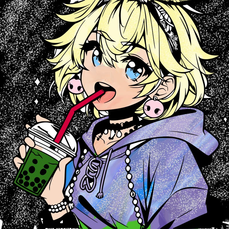 hot baddie anime girl drinking boba and biting the straw