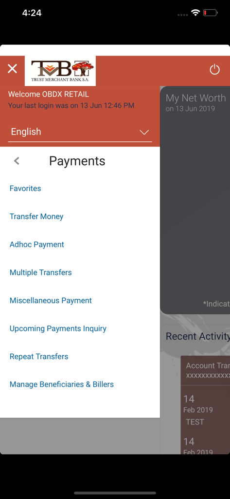Écran de sélection des paiements de l'application mobile TMB NetBank