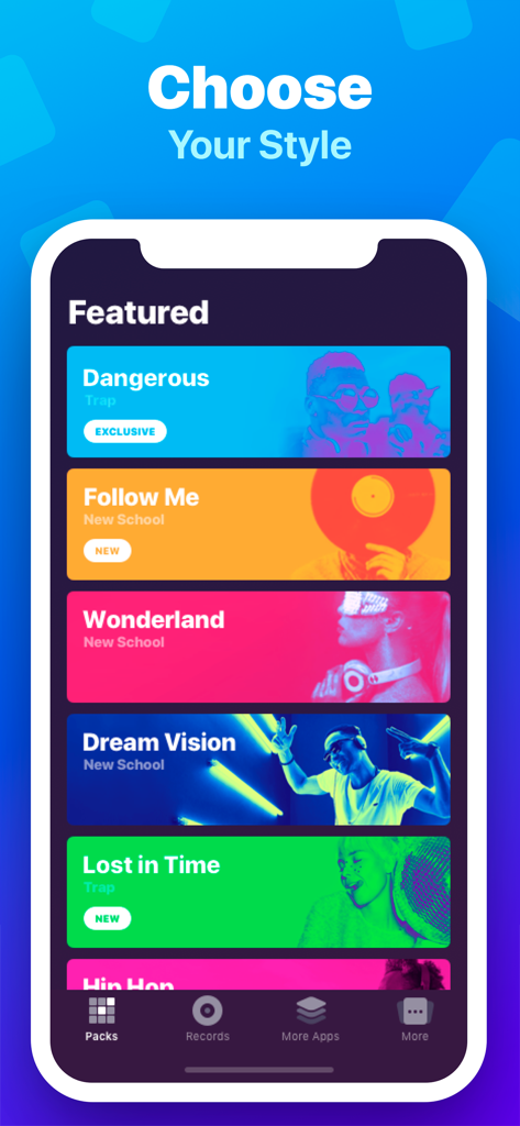 Hip-Hop Beat Maker: Make Beats - Pantalla de la aplicación Hip-Hop Beat Maker mostrando paquetes de sonido destacados para estilos de música como Trap y New School