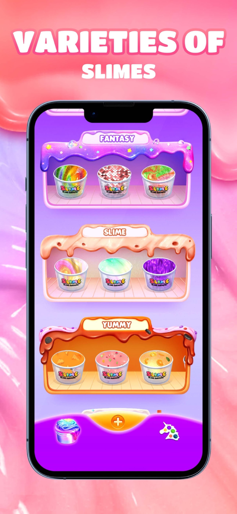 Magic Slime Simulator:ASMR - A mobile app interface showing a selection of digital slimes categorized into Fantasy, Slime, and Yummy sections.
