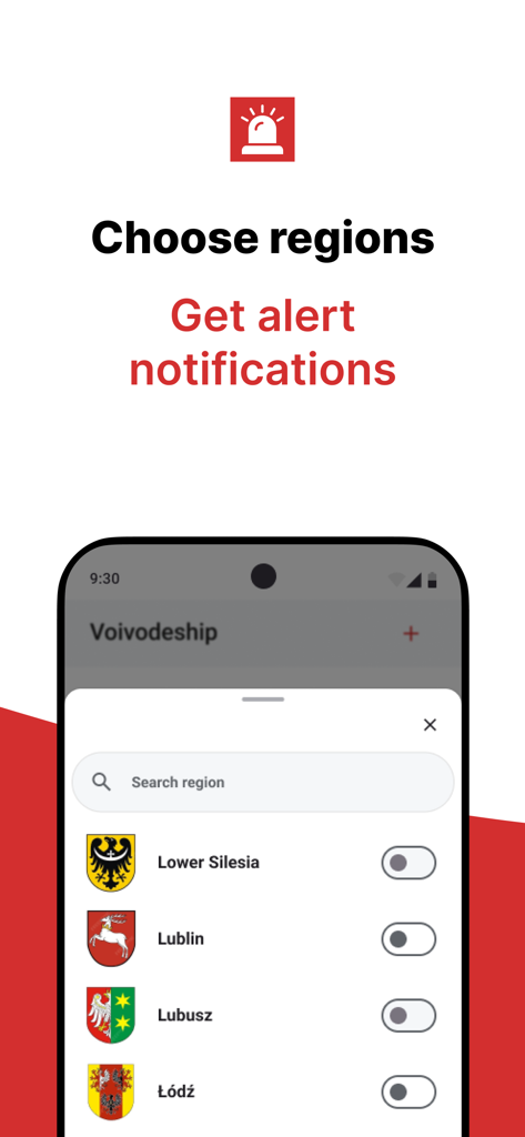 AlertyPL: Alarm Powietrzny - AlertyPL app interface for choosing Polish voivodeships to receive instant air raid notifications