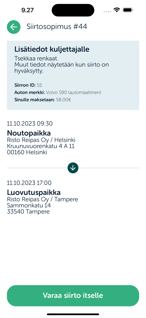 Interfaz de la aplicación RR Hub mostrando un trabajo de transferencia de coche de Helsinki a Tampere con pago y detalles del vehículo.