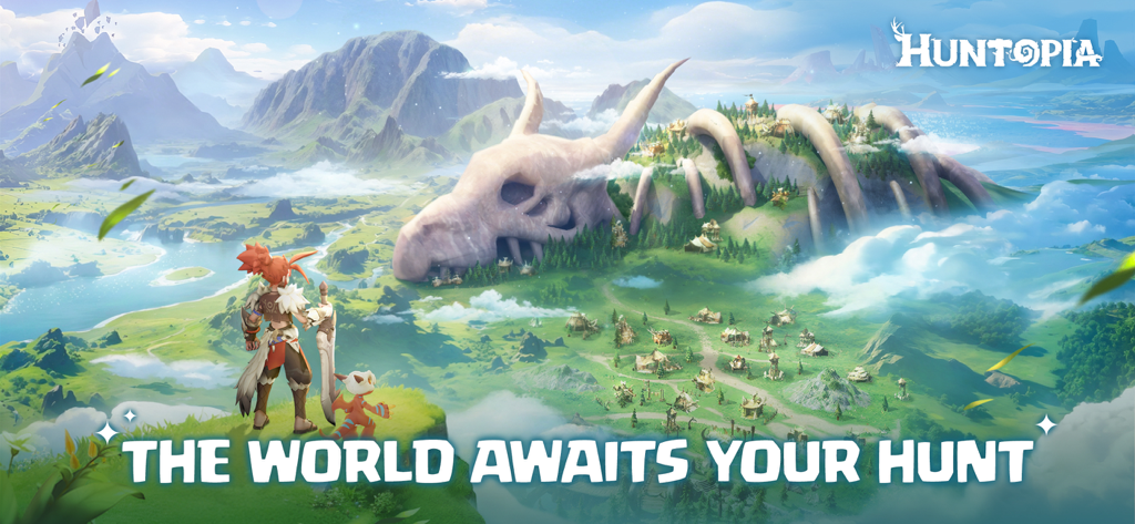 Huntopia：Fantasy RPG - A tribal warrior and small pet looking over a vast valley with a giant dragon skeleton structure