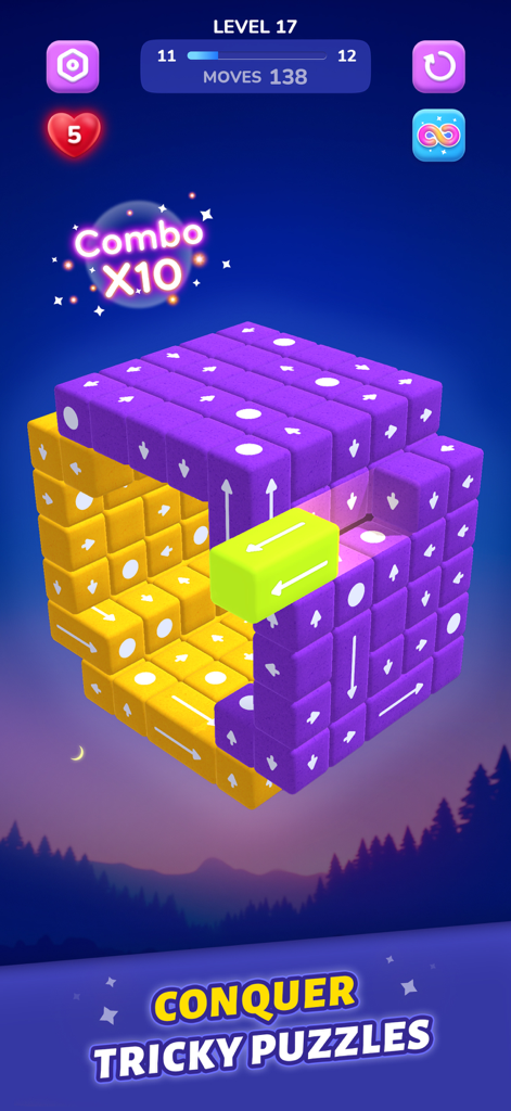 Block Away - Tap Out Puzzle - Gameplay de Block Away Tap Out Puzzle montrant un cube 3D de blocs colorés avec des flèches pour terminer le niveau