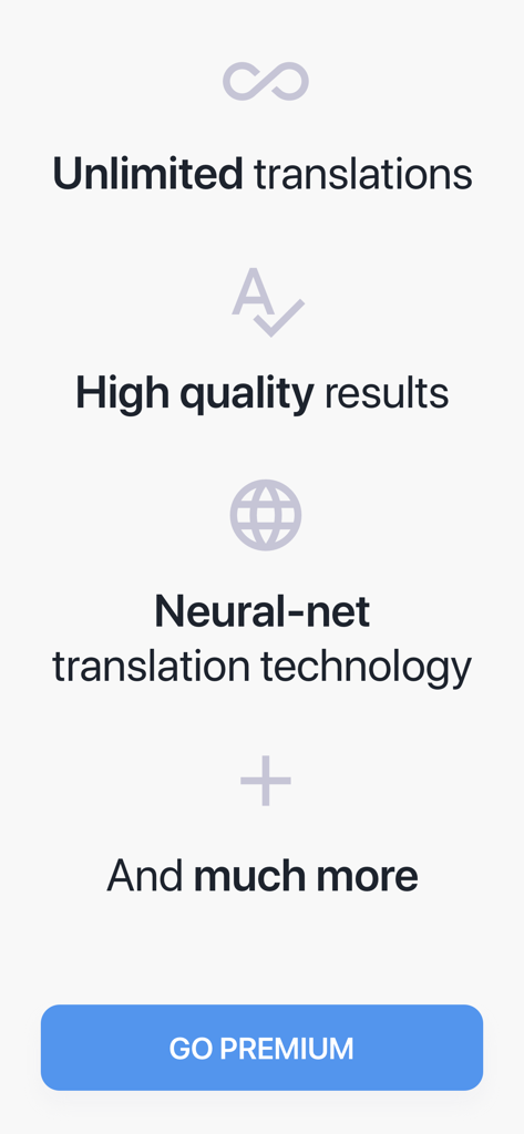 TransKey: Text Translator Chat - TransKey app screen displaying premium features like unlimited translations and neural-net technology with a Go Premium button