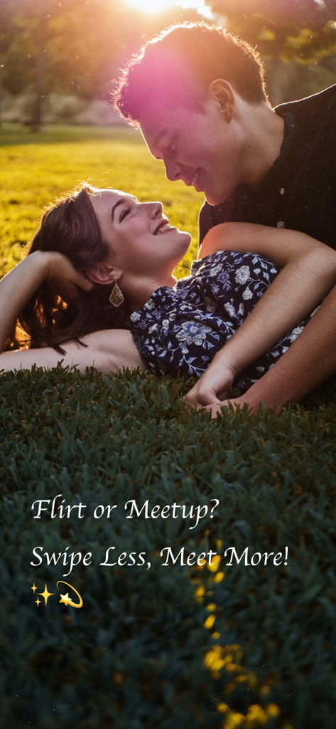 Una pareja romántica recostada en la hierba al atardecer con el texto Flirt o Meetup Desliza Menos Conoce Más