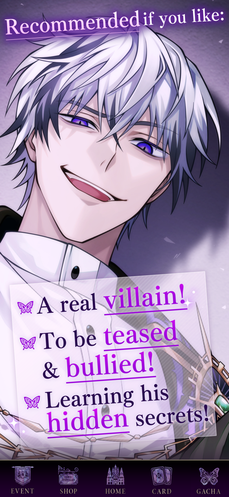 Mischievous anime character with white hair and purple eyes in the Ikemen Villains game