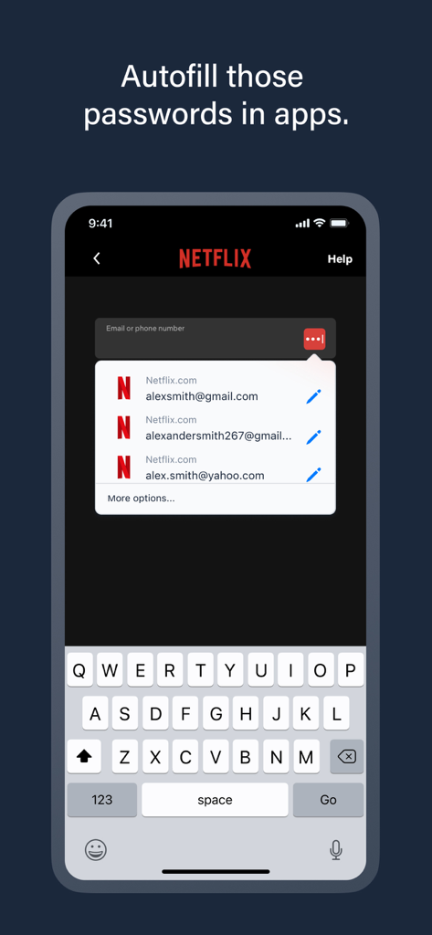 LastPass password manager autofill suggestions for Netflix login on a mobile device.