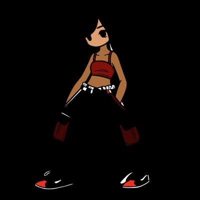 girl in baggy pants, crop top, and long hair