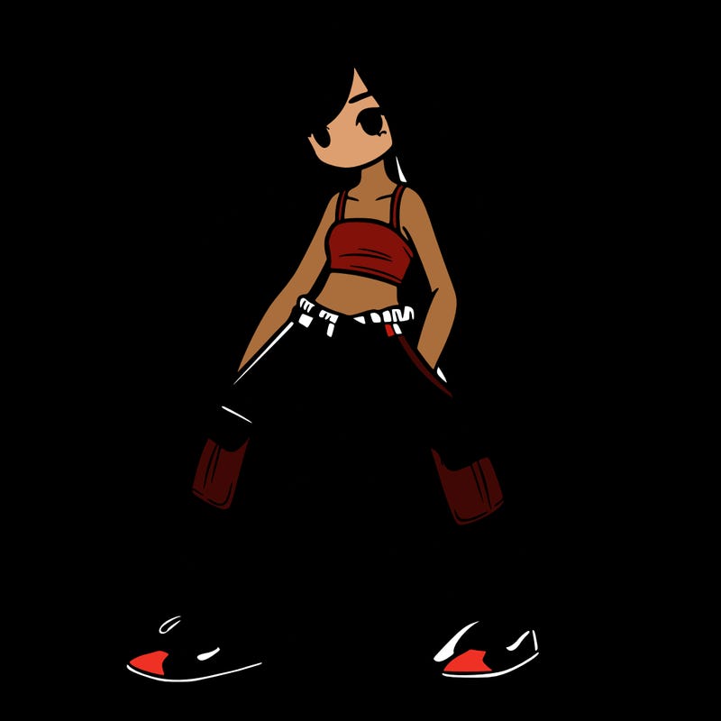 girl in baggy pants, crop top, and long hair