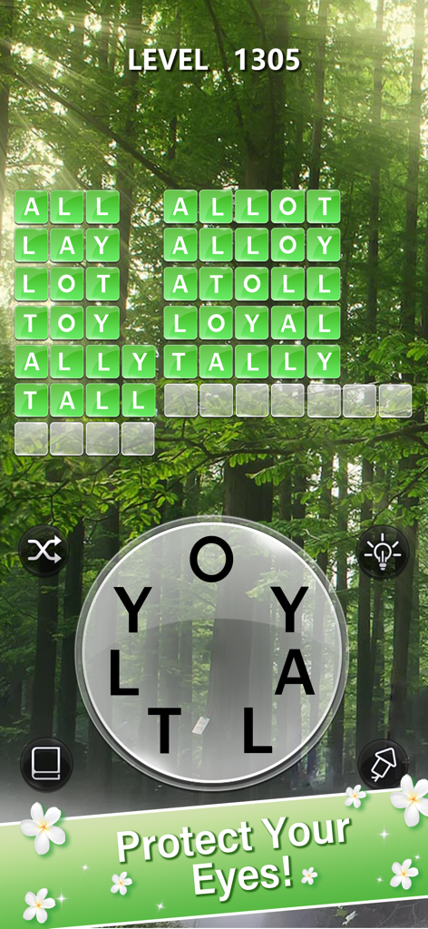 Schermata del gioco di puzzle Otium Word che mostra un livello di collegamento parole con uno sfondo rilassante di foresta verde