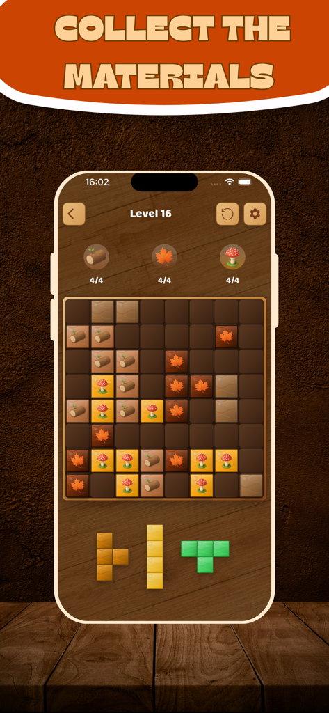 Gameplay-Bildschirm von Block Blast 2026 mit Missionszielen und Holzblöcken