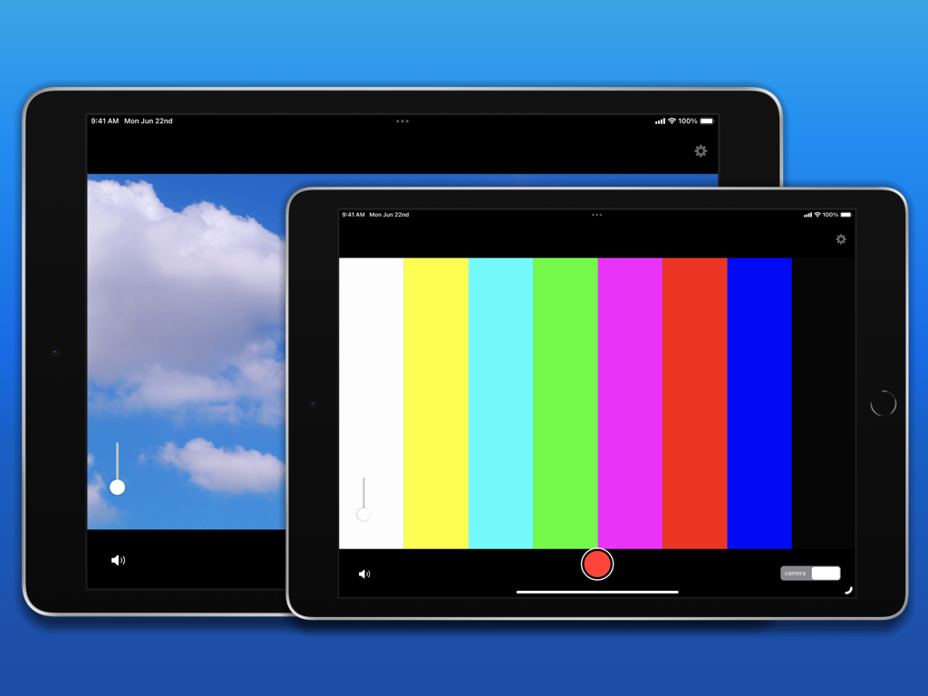 Two iPads running EasyC@M displaying external video input including color bars and a cloud landscape.