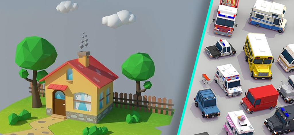 Split screen showing a 3D low poly house and various vehicle models for animation