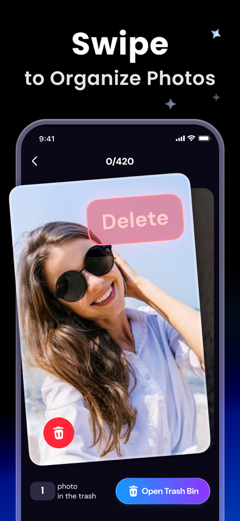 User interface showing how to swipe and delete photos to free up storage space