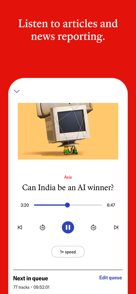 Audio player interface of The Economist app featuring a news article about AI in India