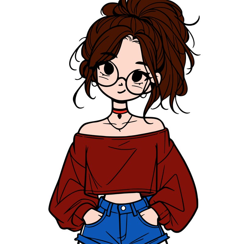 girl with a messy ponytail glasses a baggy crop top and jean shorts