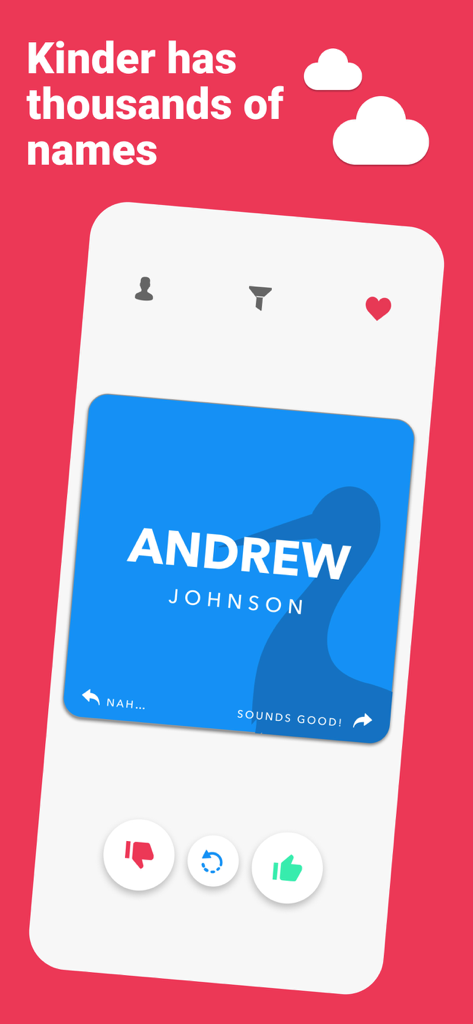 Kinder - Find Baby Names - Kinder baby names app interface showing a swiping card for the name Andrew with positive and negative feedback buttons