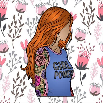 girl with a long hair with a body with roses tattoos a shirt says girl power.