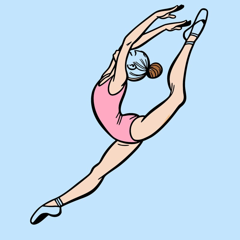 gymnast doing a leap in a leotard with a bent back leg