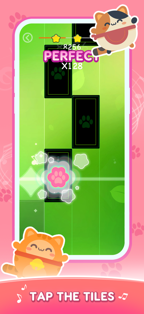Cat Cute Tiles: Rhythm Games - Cat Cute Tilesのリズムゲームプレイ画面。リズムタイルとかわいい猫のキャラクターが表示されている。