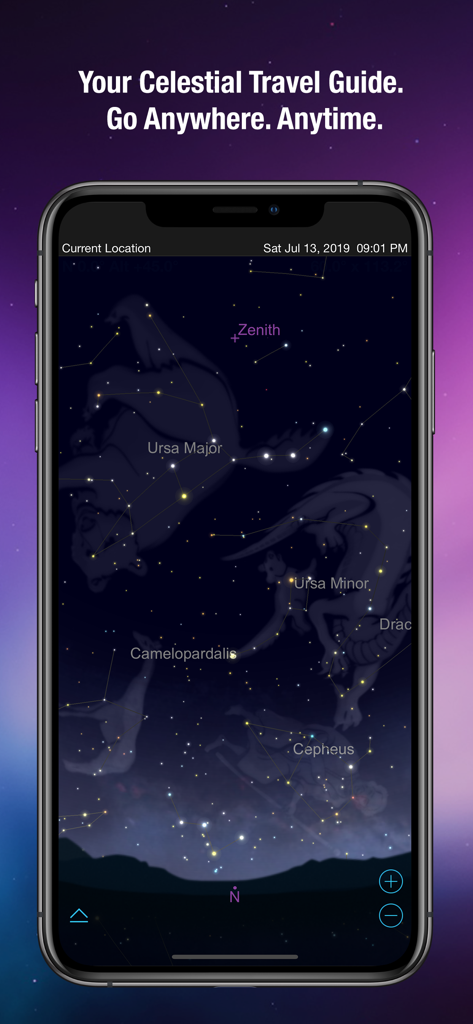 SkySafari 6 Pro mobile app displaying a detailed night sky map with constellations like Ursa Major and Ursa Minor.