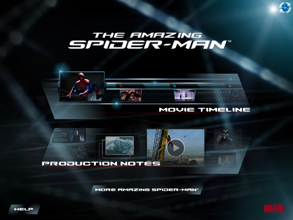 The Amazing Spider-Man Second Screen App - アメイジング・スパイダーマン セカンドスクリーンアプリのメインメニュー。ムービ タイムラインとプロダクションノートのオプションがあります。
