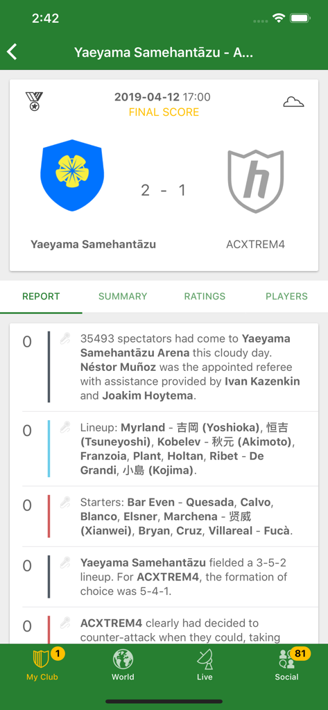 Hattrick Football Manager Game - Un écran de rapport de match dans l'application Hattrick Football Manager montrant un score final de 2 à 1 et les compositions détaillées des équipes.