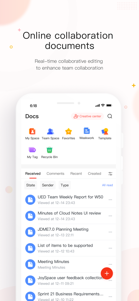 JoyME mobile app interface showing online collaboration documents and team space folders