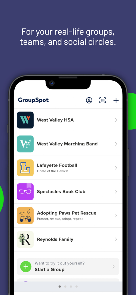 GroupSpot - GroupSpot mobile app dashboard showing a list of diverse groups including a school association marching band sports team and family circle