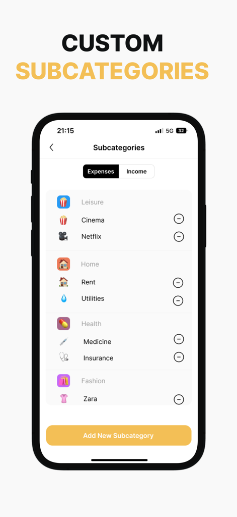 Soldi - Expense Tracker Budget - Soldiアプリのインターフェース、家賃、光熱費、レジャー活動などの支出を追跡するためのカスタマイズ可能な予算サブカテゴリを表示