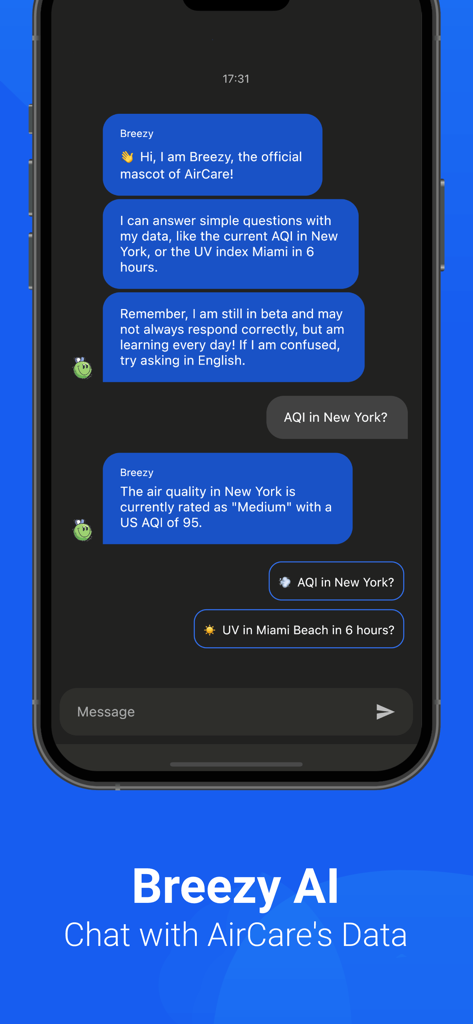 Air Quality & Pollen - AirCare - Breezy AI chatbot in the AirCare app providing air quality information